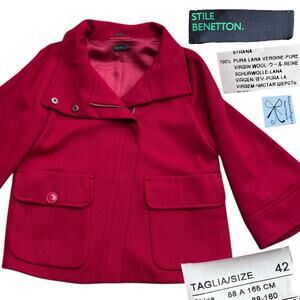 Stile Benetton 100% Wool Dramatic Cropped Peacoat Swing Coat Sz 42 As-Is